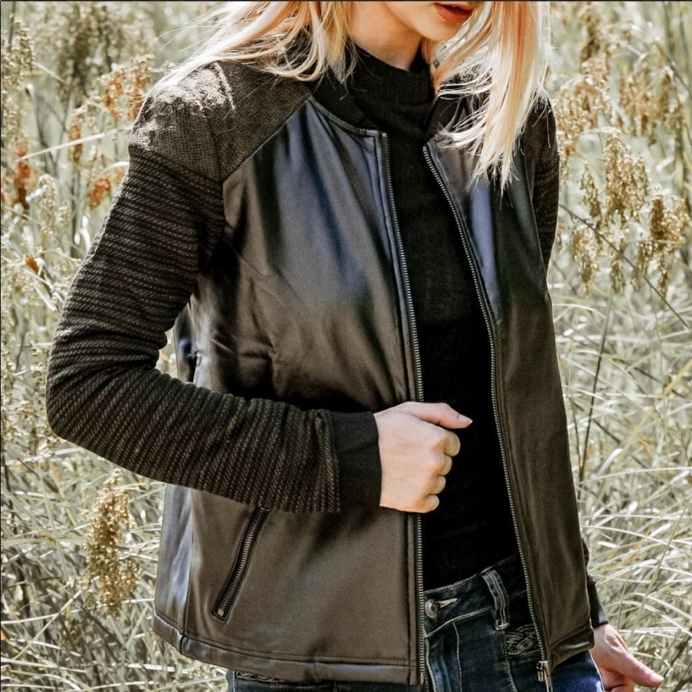 Vegan Leather/Knit Spliced Bomber Jacket - Picture 4 of 16
